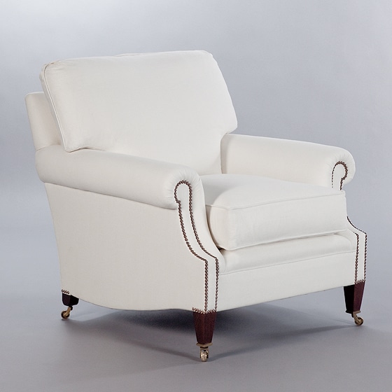 Laid Back Scroll Arm Signature Chair with Loose Back Cushion. Monica James & Co. Miami Design District, South Florida. Local nation wide delivery.