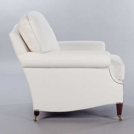 Laid Back Scroll Arm Signature Chair with Loose Back Cushion. Monica James & Co. Miami Design District, South Florida. Local nation wide delivery.