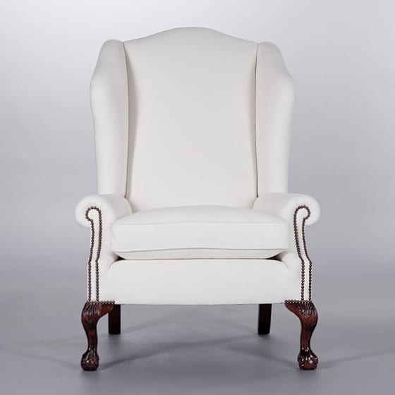 Low Scroll Arm Wing Chair (Unbuttoned). Monica James & Co. Miami Design District, South Florida. Local nation wide delivery.