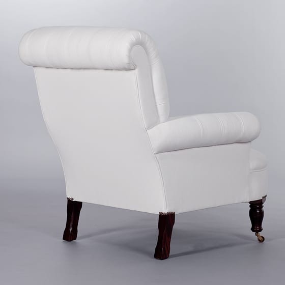 Button Back Scroll Arm Chair. Monica James & Co. Miami Design District, South Florida. Local nation wide delivery.