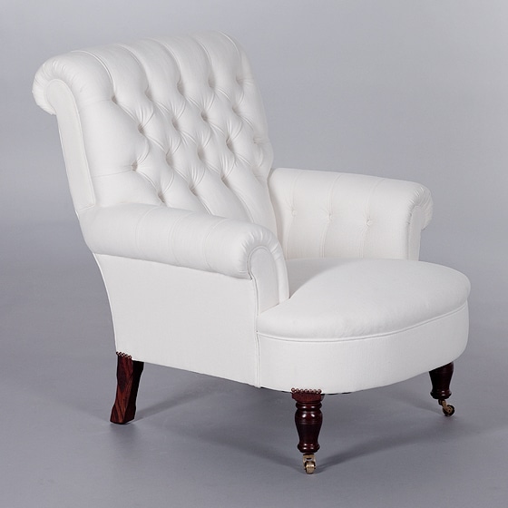 Button Back Scroll Arm Chair. Monica James & Co. Miami Design District, South Florida. Local nation wide delivery.
