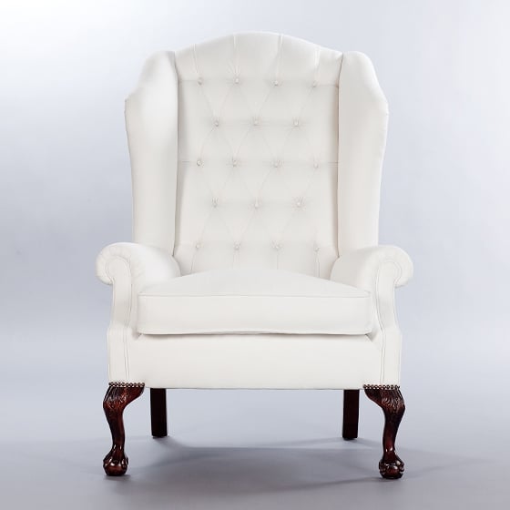 Low Scroll Arm Wing Chair (Buttoned). Monica James & Co. Miami Design District, South Florida. Local nation wide delivery.