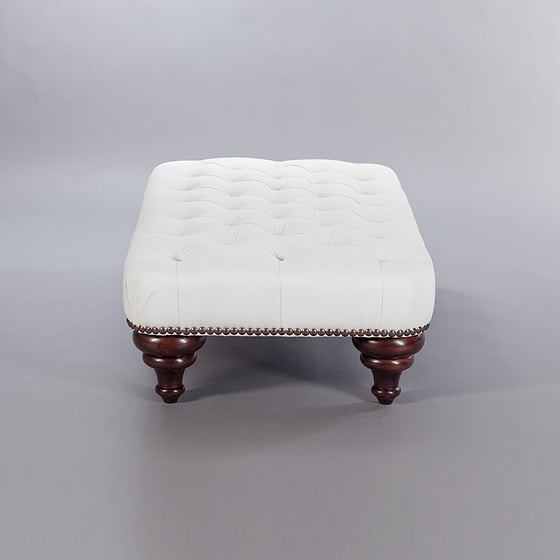 Large Turned Leg Stool (Buttoned). Monica James & Co. Miami Design District, South Florida. Local nation wide delivery.