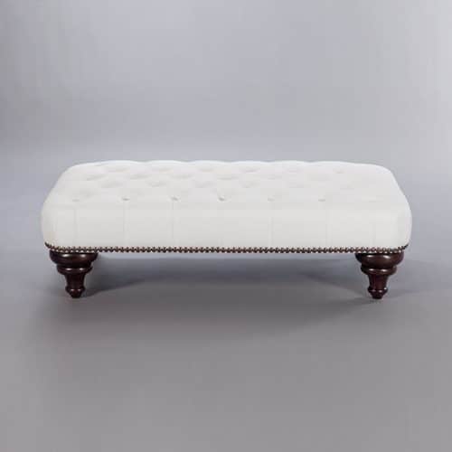 Large Turned Leg Stool (Buttoned). Monica James & Co. Miami Design District, South Florida. Local nation wide delivery.