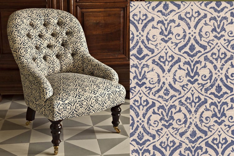 Venezia Fabric in Indigo on Silk Matka, Shown on the Eve Chair by George Smith | Monica James & Co | Miami Design District