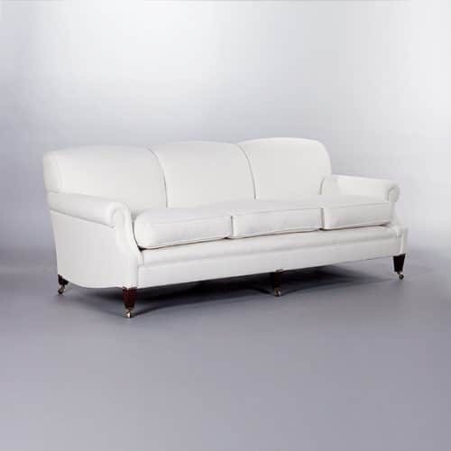 Laid Back Scroll Arm Signature Sofa. Monica James & Co. Miami Design District, South Florida. Local nation wide delivery.