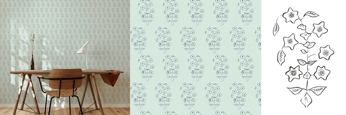 Original hand-drawn floral illustration, the creative foundation behind Allem Studio’s wallpaper design.| Monica James & Co | Miami Design District